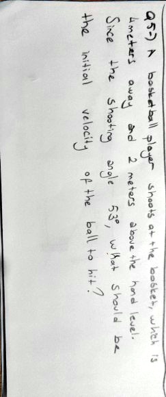 A basketball player shoots at the basket, which is 4 meters away and 2 meters above the hand level. Since the shooting angle 53°, what should be the initial velocity of the ball to hit?