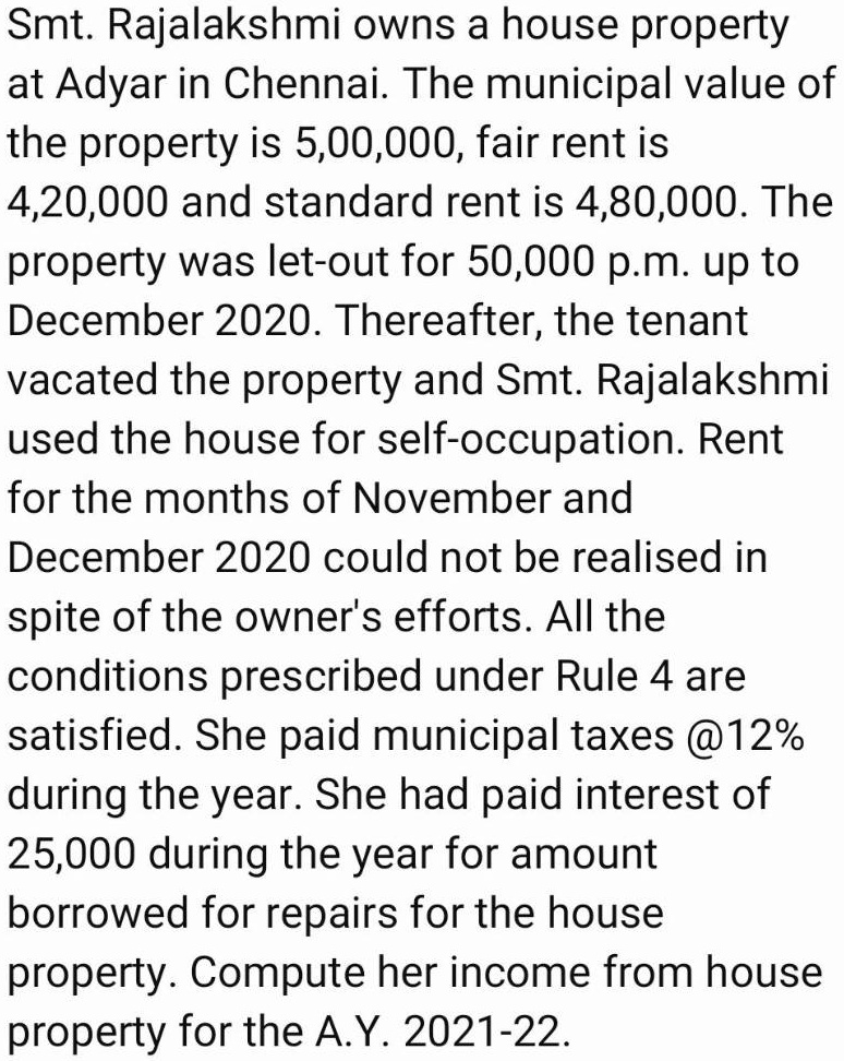Smt. Rajalakshmi owns a house property at Adyar in Chennai. The