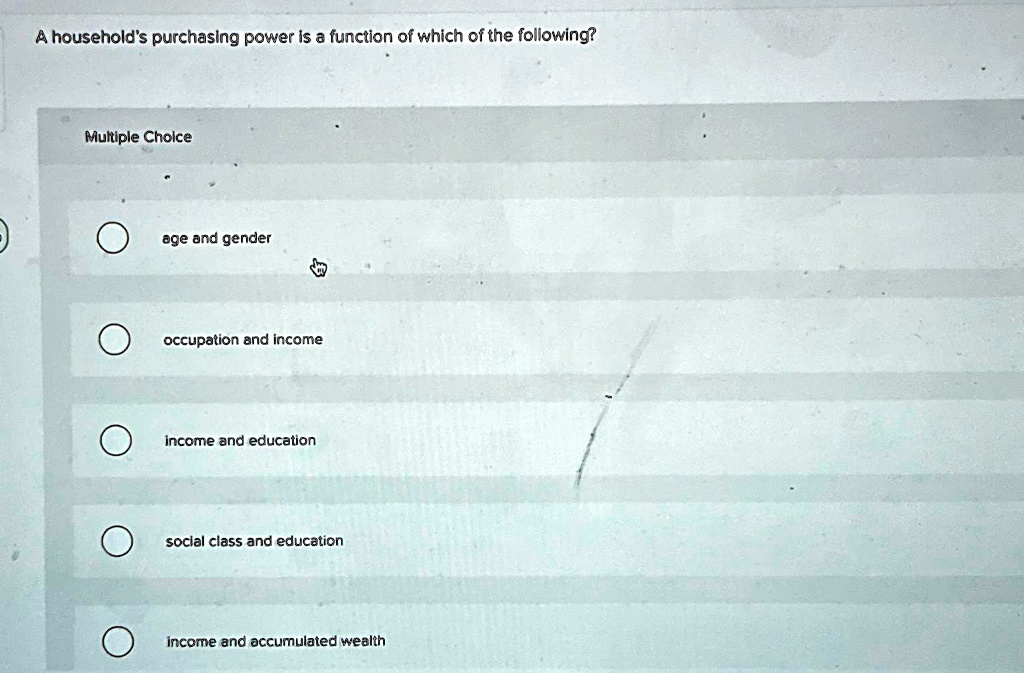 SOLVED: A household's purchasing power is a function of which of the ...