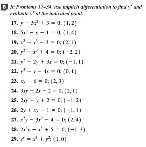 Solved In Problems 17 34 Use Implicit Differentiation To Find Y And Evaluate Y At The Indicated Point 17 Sx 3 0 1 2 18 Sx Y 1 0