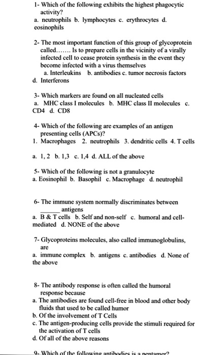 Solved:which Of The Following Exhibits The Highest Phagocytic Activity?  Neutrophils Lymphocytes Enthrocytes Eosinophils 2- The Most Important  Function Of This Group Of Glycoprotein Called_ Prepare Cells In The  Vicinity Of Virally Infected Solved:which Of The Following Exhibits The Highest Phagocytic Activity?  Neutrophils Lymphocytes Enthrocytes Eosinophils 2- The Most Important  Function Of This Group Of Glycoprotein Called_ Prepare Cells In The  Vicinity Of Virally Infected