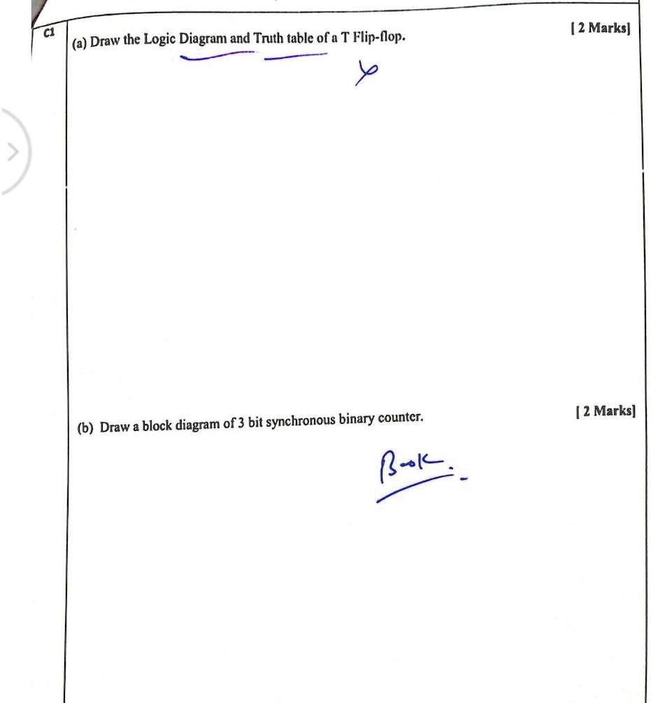 (a) Draw the Logic Diagram and Truth table of a T Flip-flop. (b) Draw a