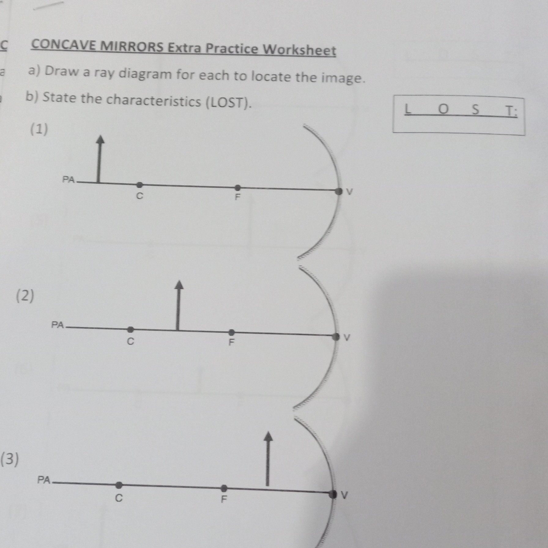 SOLVED CONCAVE MIRRORS Extra Practice Worksheet a) Draw a ray diagram