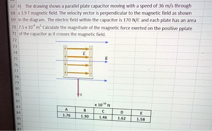 the drawing shows parallel plate capacitor moving with speed of 36 ms through 68a 39 t magnetic field the velocity vector is perpendicular to the magnetic field as shown 69 in the diagram th 32133