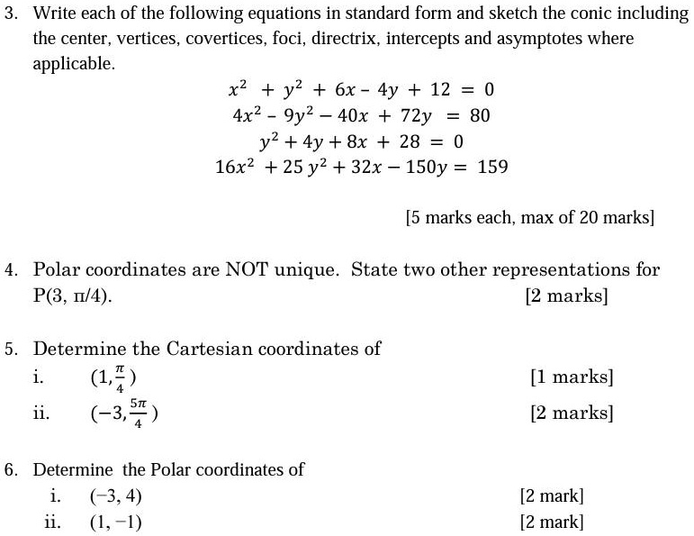 Solved Write Each Of The Following Equations In Standard Form And Sketch The Conic Including The Center Vertices Covertices Foci Directrix Intercepts And Asymptotes Where Applicable X2 Y2 6x