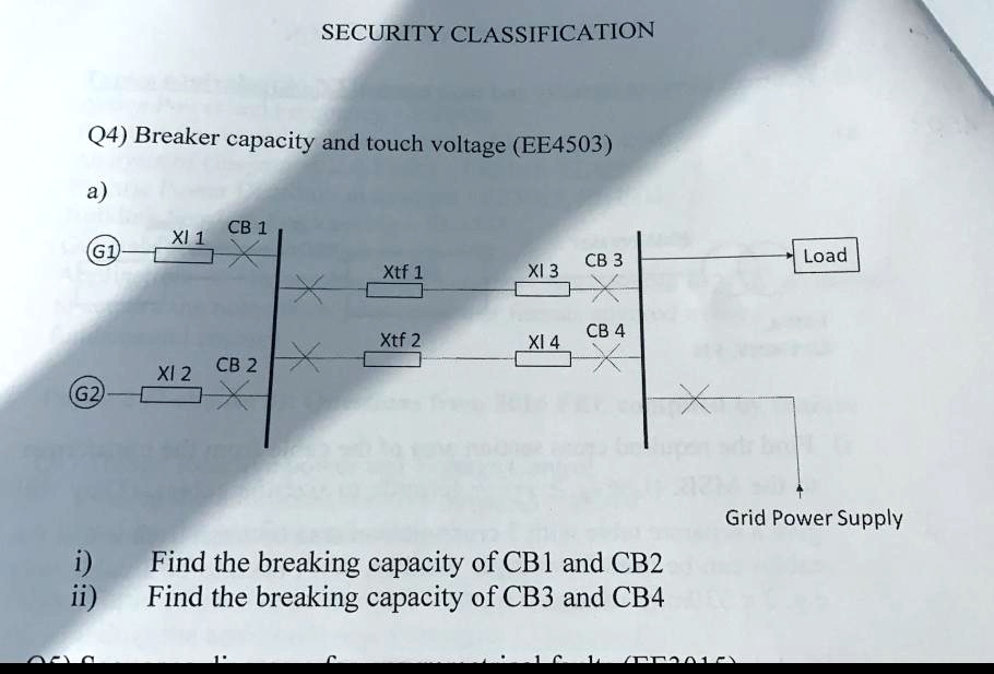 SECURITY CLASSIFICATION
Q4) Breaker capacity and touch voltage (EE4503)
a)
CB 1
XI 1
(G1)
CB 3
Load
Xtf 1
XI 3
X
CB 4
Xtf 2
XI 4
XI 2
CB 2
(G2)
?
Grid Power Supply
i)
Find the breaking capacity of CB1 and CB2
ii)
Find the breaking capacity of CB3 and CB4
1
1301