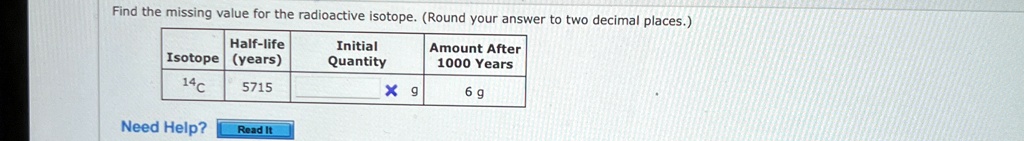 find the missing value for the radioactive isotope round your answer to two decimal places half life isotope years amount after 1000 years initial quantity 14c 5715 x g 6 g 43472