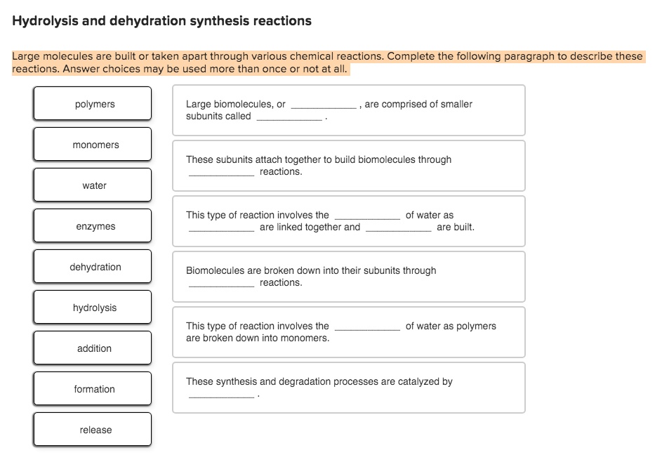 SOLVED Hydrolysis and dehydration synthesis reactions Large molecules