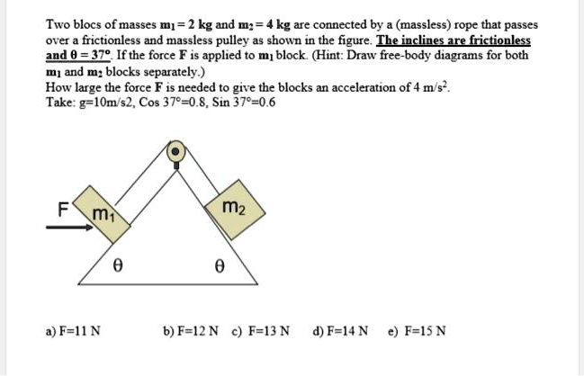 two blocs of masses mj 2 kg and n 4 kg are connected by massless rope ...