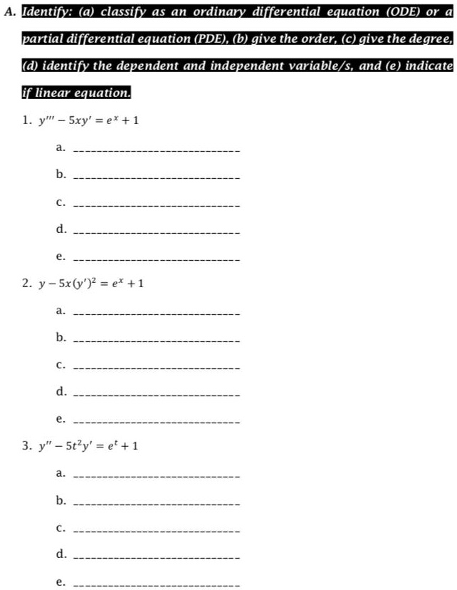 SOLVED: Identifz () classif asan ordinary diferential equation (ODE) or ...