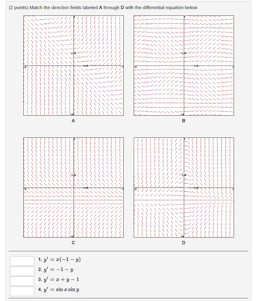 points match the direction fields labeled a through d with the differential equation below 1y x 1 y 2 y 1 y 3y y 1 4y sin sin y 32134
