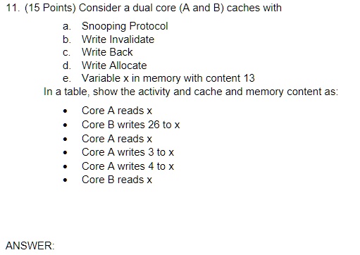 11 15 points consider a dual core a and b caches with a snooping protocol b write invalidate c write back d write allocate e variable x in memory with content 13 in a table show the activity 98349