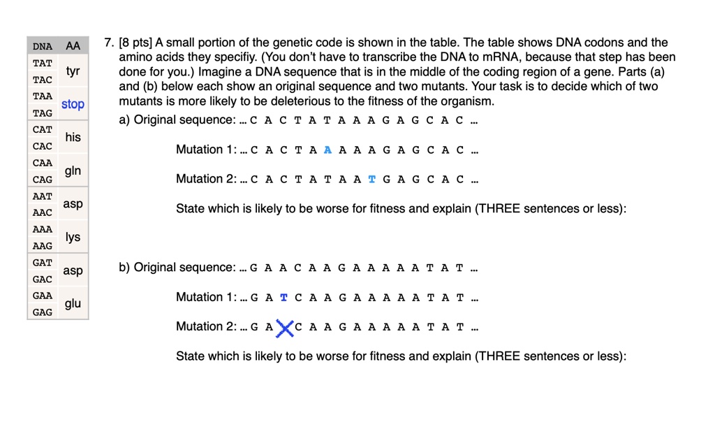 SOLVED: DNA AA TAT tyr TAC TAA stop TAG CAT his CAC 7. [8 pts] A small ...