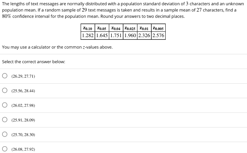 The lengths of text messages are normally distributed with a population standard deviation of 3 characters and an unknown population mean. If a random sample of 29 text messages is taken and results in a sample mean of 27 characters, find a 80% confidence interval for the population mean. Round your answers to two decimal places.

z0.10 z0.05 z0.04 z0.025 z0.01 z0.005
1.282 1.645 1.751 1.960 2.326 2.576

You may use a calculator or the common z-values above.

Select the correct answer below:
(26.29, 27.71)
(25.56, 28.44)
(26.02, 27.98)
(25.91, 28.09)
(25.70, 28.30)
(26.08, 27.92)