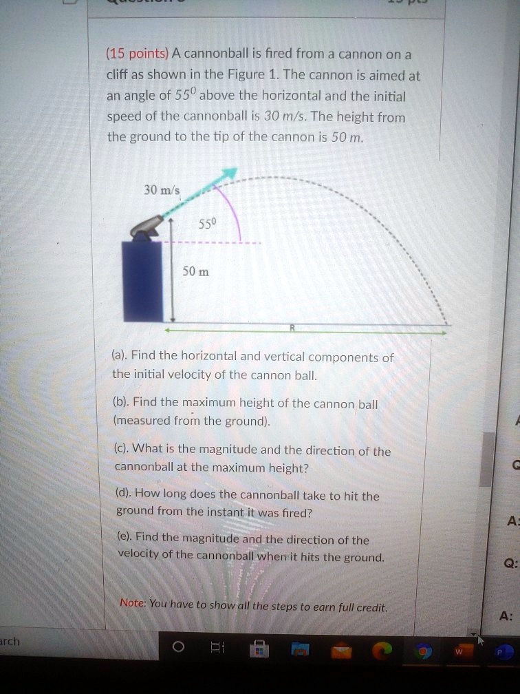 SOLVED A cannonball is fired from a cannon on a cliff as shown in