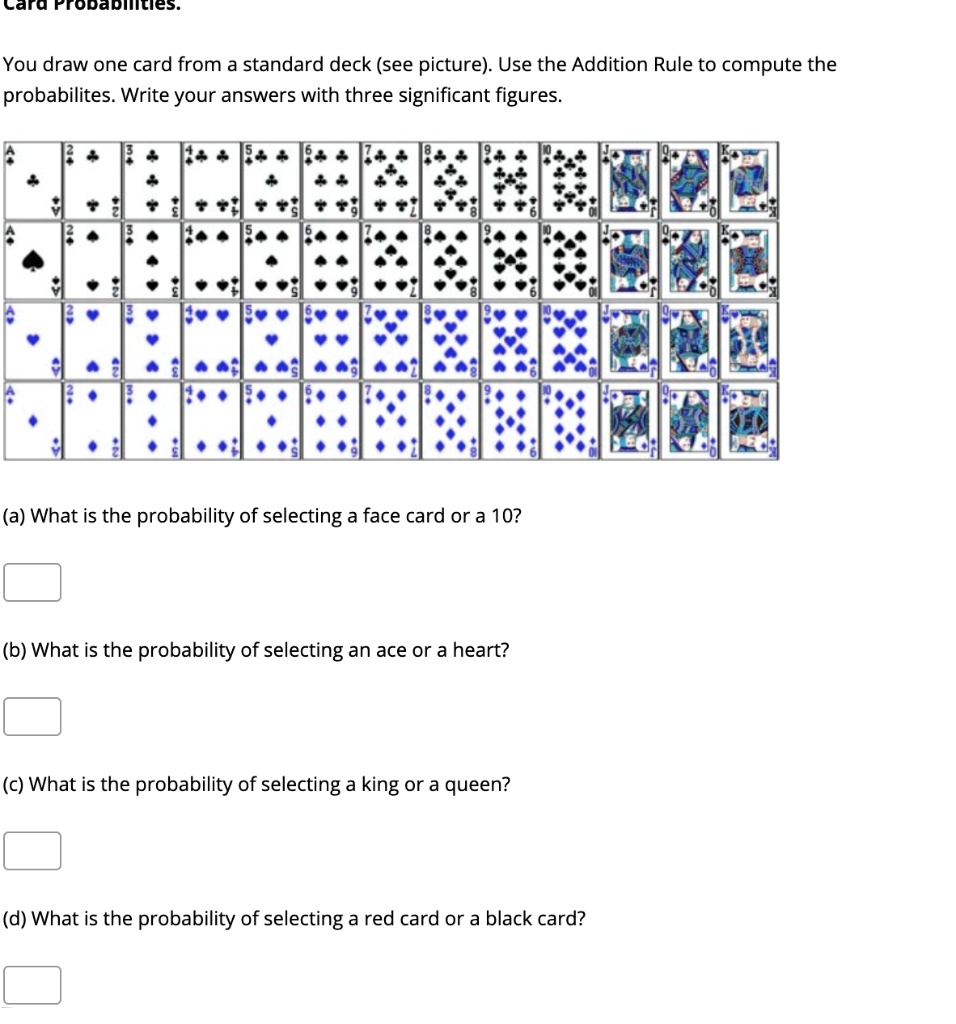 SOLVED: Ilara rropapiicies You draw one card from a standard deck (see ...