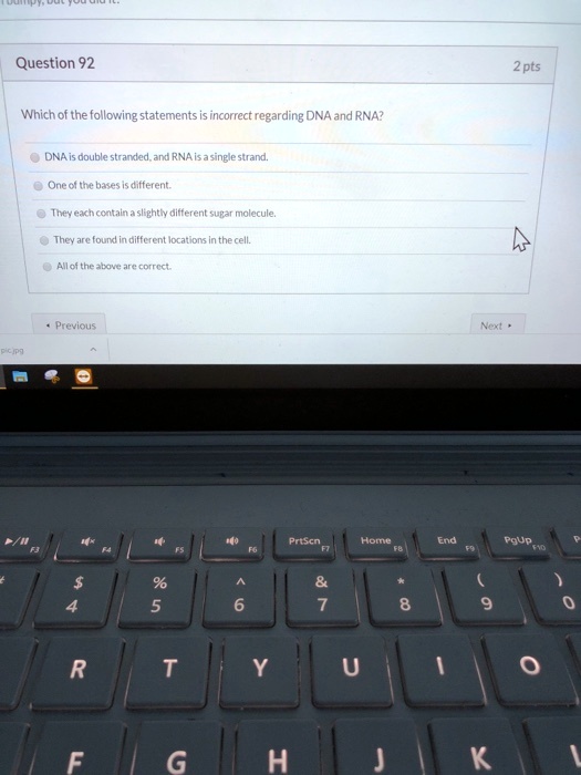 Which of the following statements is incorrect regarding DNA and RNA?
DNA is double stranded, and RNA is a single strand.
One of the bases is different.
They each contain a slightly different sugar molecule.
They are found in different locations in the cell.
All of the above are correct.