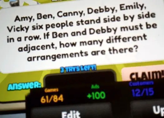 Amy, Ben, Canny, Debby, Emily,
Vicky six people stand side by side
in a row. If Ben and Debby must be
adjacent, how many different
arrangements are there?