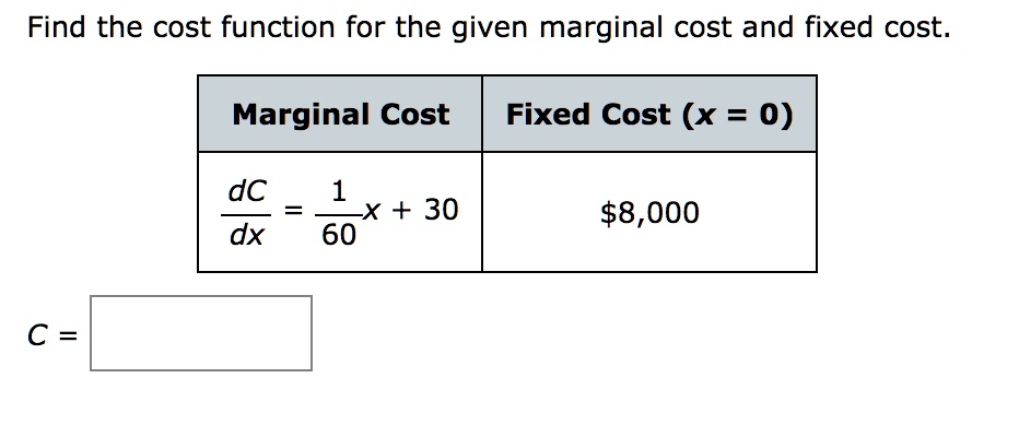Find the cost function for the given marginal cost and fixed cost ...
