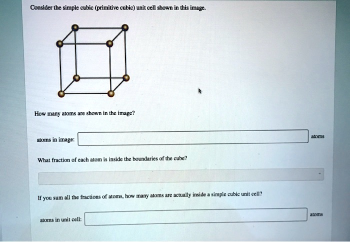 consider the simple cubic primitive cubic unit cell shown in this image how many atoms are shown ihe image 4ous atoms in image what iraction of euch afom inside the boundaries of the cube mo 46603