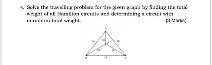 4. Solve the travelling problem for the given graph by finding the total weight of all Hamilton circuits and determining a circuit with minimum total weight.