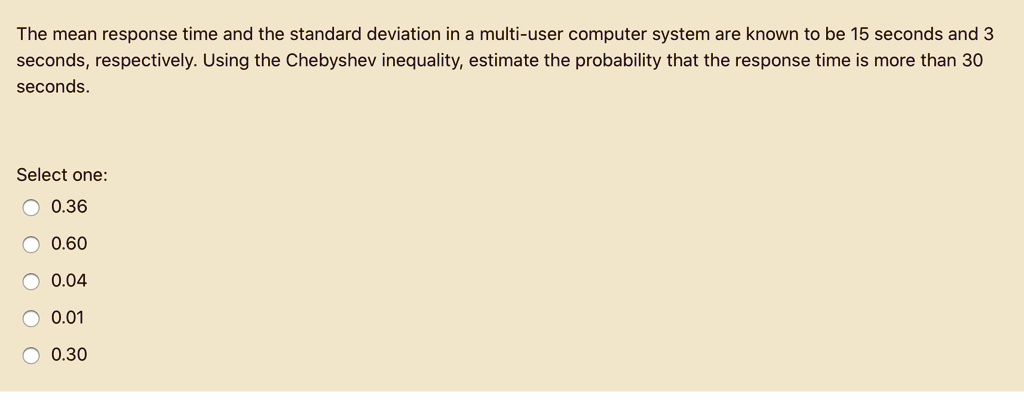The mean response time and the standard deviation in a multi-user computer system are known to be 15 seconds and 3 seconds, respectively. Using the Chebyshev inequality, estimate the probability that the response time is more than 30 seconds.
Select one:
0.36
0.60
0.04
0.01
0.30