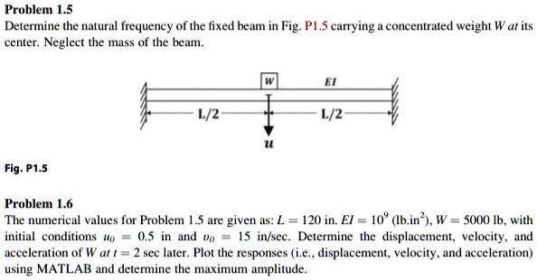 Problem 1.5
Determine the natural frequency of the fixed beam in Fig. P1.5 carrying a concentrated weight W at its center. Neglect the mass of the beam.

W
EI
L/2
L/2
u
Fig. P1.5
Problem 1.6
The numerical values for Problem 1.5 are given as: L = 120 in. EI = 10^9 (lb.in^2), W = 5000 lb, with initial conditions u0 = 0.5 in and v0 = 15 in/sec. Determine the displacement, velocity, and acceleration of W at t = 2 sec later. Plot the responses (i.e., displacement, velocity, and acceleration) using MATLAB and determine the maximum amplitude.