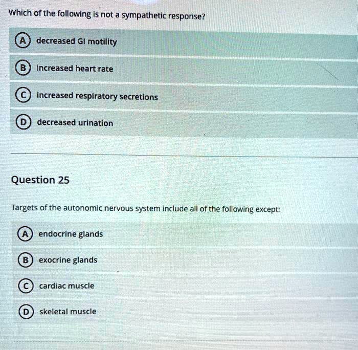 Which of the following is not a sympathetic response?
(A) decreased GI motility
(B) increased heart rate
(C) increased respiratory secretions
(D) decreased urination
Question 25
Targets of the autonomic nervous system include all of the following except:
(A) endocrine glands
(B) exocrine glands
(C) cardiac muscle
(D) skeletal muscle