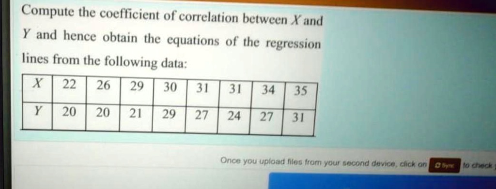 Compute the coefficient of correlation between X and Y and hence obtain the equations of the regression lines from the following data:
| X | 22 | 26 | 29 | 30 | 31 | 31 | 34 | 35 |
|—|—-|—-|—-|—-|—-|—-|—-|—-|
| Y | 20 | 20 | 21 | 29 | 27 | 24 | 27 | 31 |