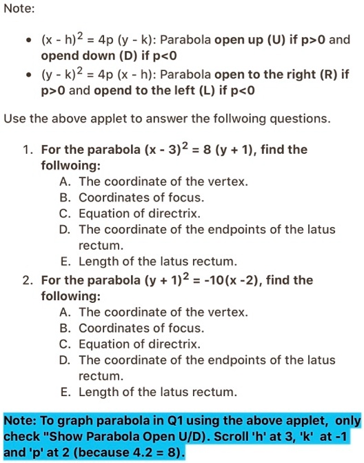 Solved Note X H 2 4p Y K Parabola Open Up U If P 0 And Opend Down D If P O Y K 2 4p X H Parabola Open To The Right R If P 0