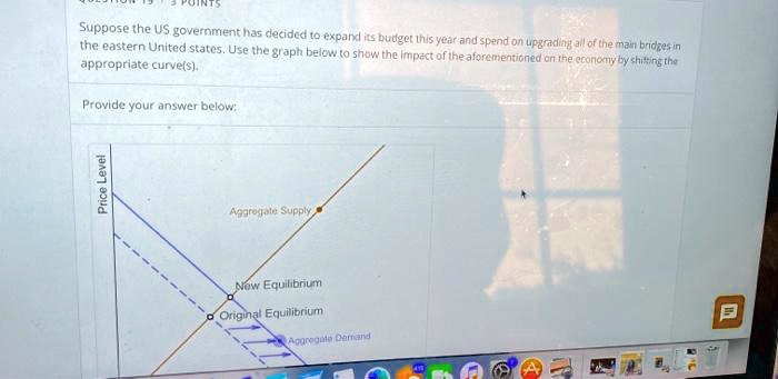 Suppose the US government has decided to expand its budget this year and spend on upgrading all of the main bridges in the eastern United states. Use the graph below to show the impact of the aforementioned on the economy by shifting the appropriate curve(s).
Provide your answer below:
Price Level
Aggregate Supply
New Equilibrium
Original Equilibrium
Aggregate Demand