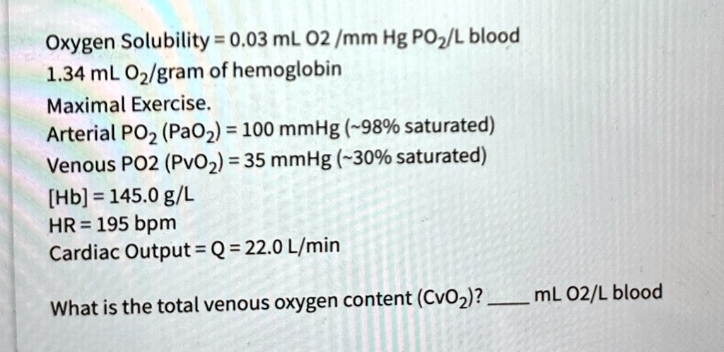 Oxygen Solubility = 0.03 mL O2/mm Hg PO?/L blood
1.34 mL O2/gram of hemoglobin
Maximal Exercise.
Arterial PO2 (PaO2) = 100 mmHg ( 98% saturated)
Venous PO2 (PvO2) = 35 mmHg ( 30% saturated)
[Hb] = 145.0 g/L
HR = 195 bpm
Cardiac Output = Q = 22.0 L/min
What is the total venous oxygen content (CvO2)?  mL O2/L blood