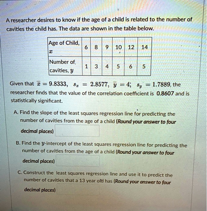 A researcher desires to know if the age of a child is related to the number of cavities the child has. The data are shown in the table below.

Age of Child, x: 6, 8, 9, 10, 12, 14
Number of cavities, y: 1, 3, 4, 5, 6, 5

Given that x? = 9.8333, sx = 2.8577, y? = 4, sy = 1.7889, the researcher finds that the value of the correlation coefficient is 0.8607 and is statistically significant.

A. Find the slope of the least squares regression line for predicting the number of cavities from the age of a child (Round your answer to four decimal places)
B. Find the y-intercept of the least squares regression line for predicting the number of cavities from the age of a child (Round your answer to four decimal places)
C. Construct the least squares regression line and use it to predict the number of cavities that a 13 year old has (Round your answer to four decimal places)