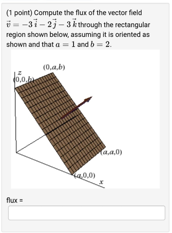 Compute the flux of the vector field v = -3 i - 2 j - 3 k through the rectangular region shown below, assuming it is oriented as shown and that a = 1 and b = 2.

(0,a,b)
z
(0,0,b)
(a,a,0)
(a,0,0)
x

flux =
