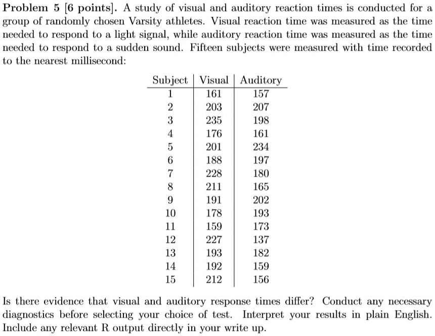 SOLVED: Problem 5 [6 points]. A study of visual and auditory reaction ...