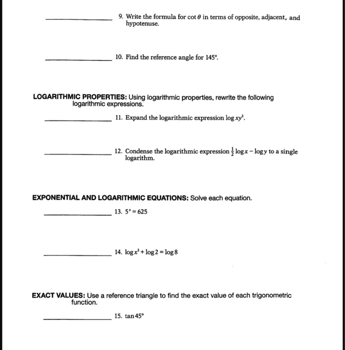 SOLVED Write the formula for cot = in terms of opposite, adjacent, and