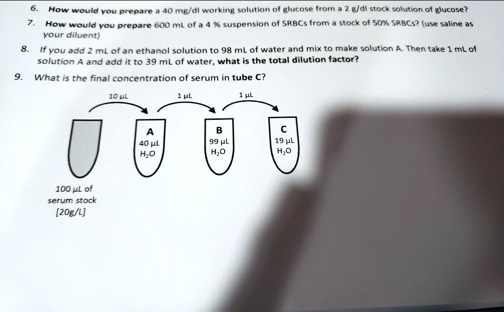 6. How would you prepare a 40 mg/dl working solution of glucose from a 2 g/dl stock solution of glucose?
7. How would you prepare 600 mL of a 4 % suspension of SRBCs from a stock of 50% SRBCs? (use saline as your diluent)
8. If you add 2 mL of an ethanol solution to 98 mL of water and mix to make solution A. Then take 1 mL of solution A and add it to 39 mL of water, what is the total dilution factor?
9. What is the final concentration of serum in tube C?
10 ?L
1 ?L
1 ?L
A 40 ?L H2O
B 99 ?L H2O
C 19 ?L H2O
100 ?L of serum stock [20g/L]