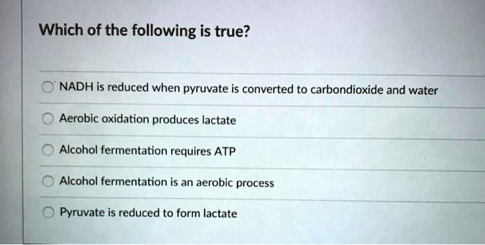Which of the following is true?
NADH is reduced when pyruvate is converted to carbondioxide and water
Aerobic oxidation produces lactate
Alcohol fermentation requires ATP
Alcohol fermentation is an aerobic process
Pyruvate is reduced to form lactate