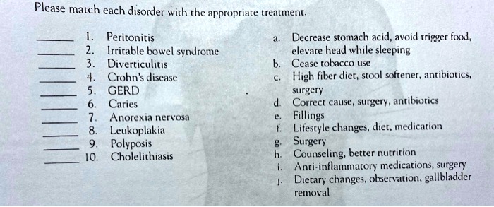 SOLVED: Please match each disorder with the appropriate treatment. 1