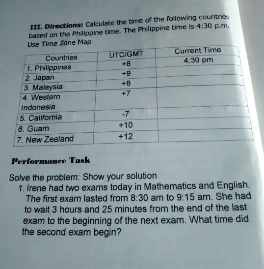 Utc Problem Solving SOLVED: The time of the following countries III: Directions: Calculate ...