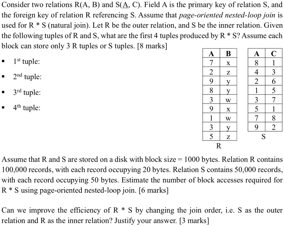 Consider two relations R(A, B) and S(A, C). Field A is the primary key ...