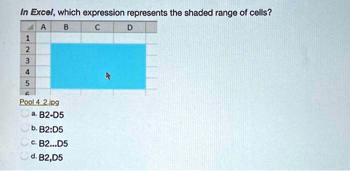 In Excel, which expression represents the shaded range of cells?
a. B2-D5
b. B2:D5
c. B2...D5
d. B2,D5