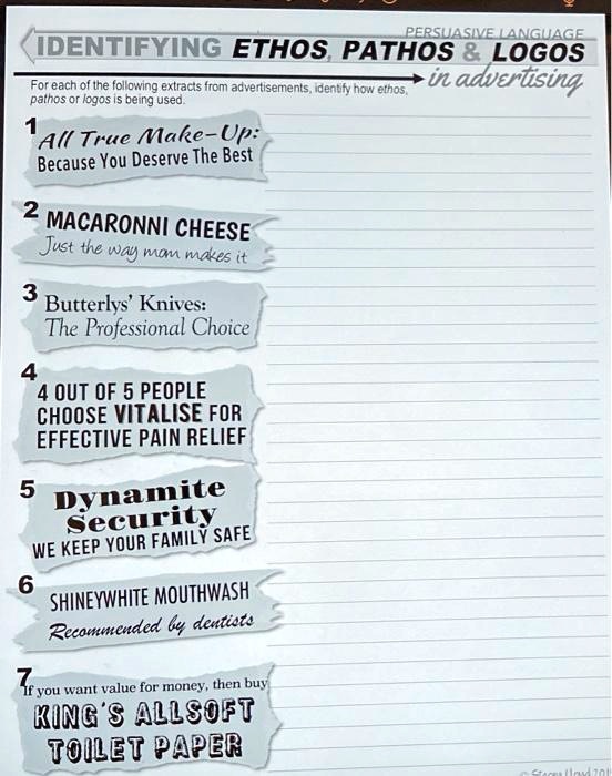 SOLVED PERSUASIVE LANGUAGE IDENTIFYING ETHOS, PATHOS LOGOS For each of the following excerpts