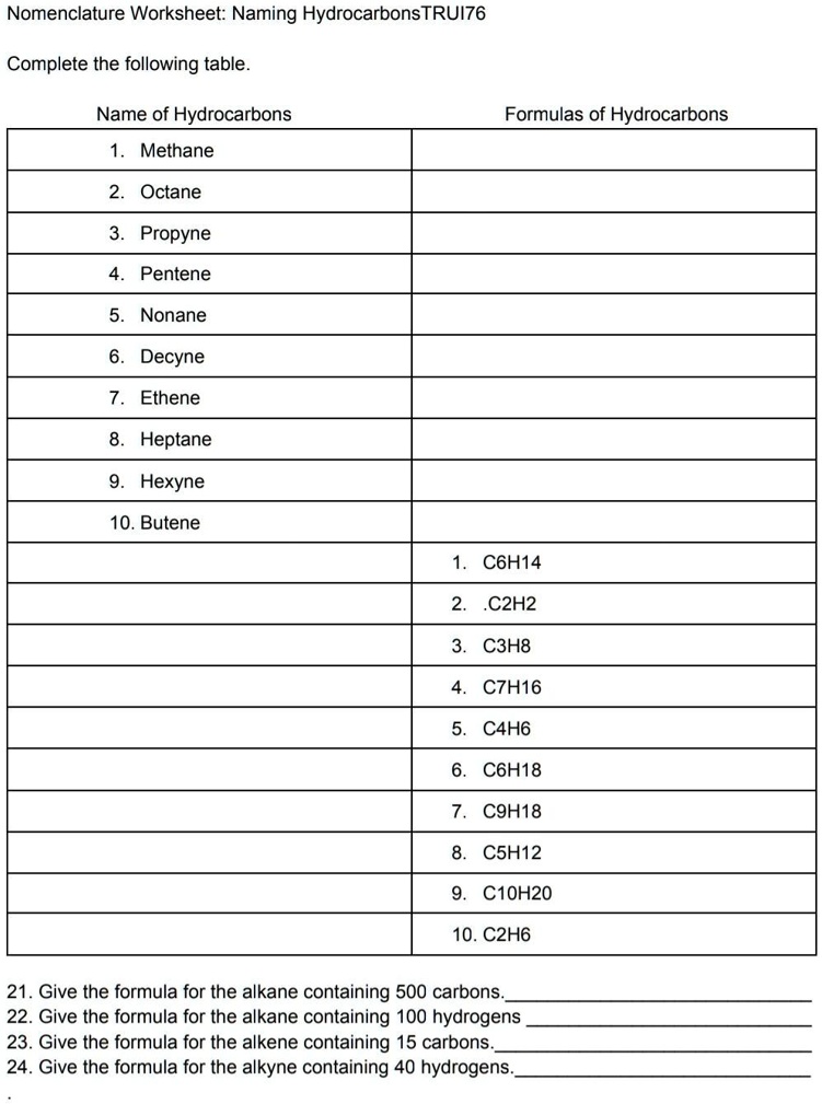 [GET ANSWER] Nomenclature Worksheet: Naming Hydrocarbons TRUI76 ...