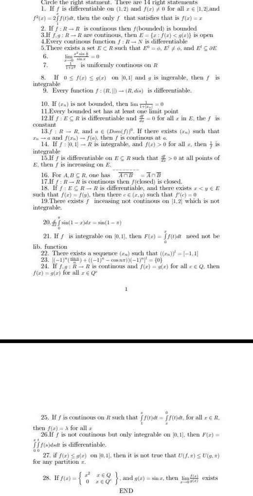 Solved Cirele Thie Right Statment He N Ac Right Staten Nt S I5 Differentiable On 1 2 Auld F R For All C A L Zk And F 2ff T Then The Only That Satisties That Is