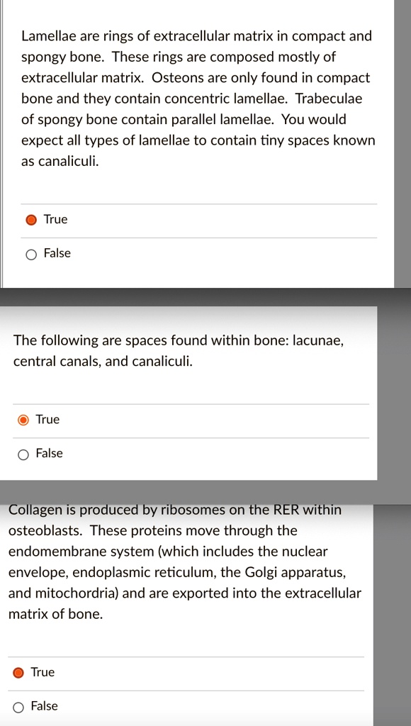 Lamellae are rings of extracellular matrix in compact and
spongy bone. These rings are composed mostly of
extracellular matrix. Osteons are only found in compact
bone and they contain concentric lamellae. Trabeculae
of spongy bone contain parallel lamellae. You would
expect all types of lamellae to contain tiny spaces known
as canaliculi.
True
False
The following are spaces found within bone: lacunae,
central canals, and canaliculi.
True
False
Collagen is produced by ribosomes on the RER within
osteoblasts. These proteins move through the
endomembrane system (which includes the nuclear
envelope, endoplasmic reticulum, the Golgi apparatus,
and mitochordria) and are exported into the extracellular
matrix of bone.
True
False
