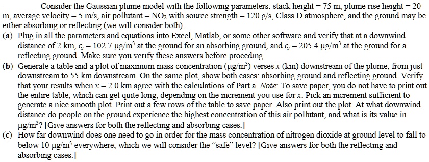 SOLVED: Consider the Gaussian plume model with the following parameters ...