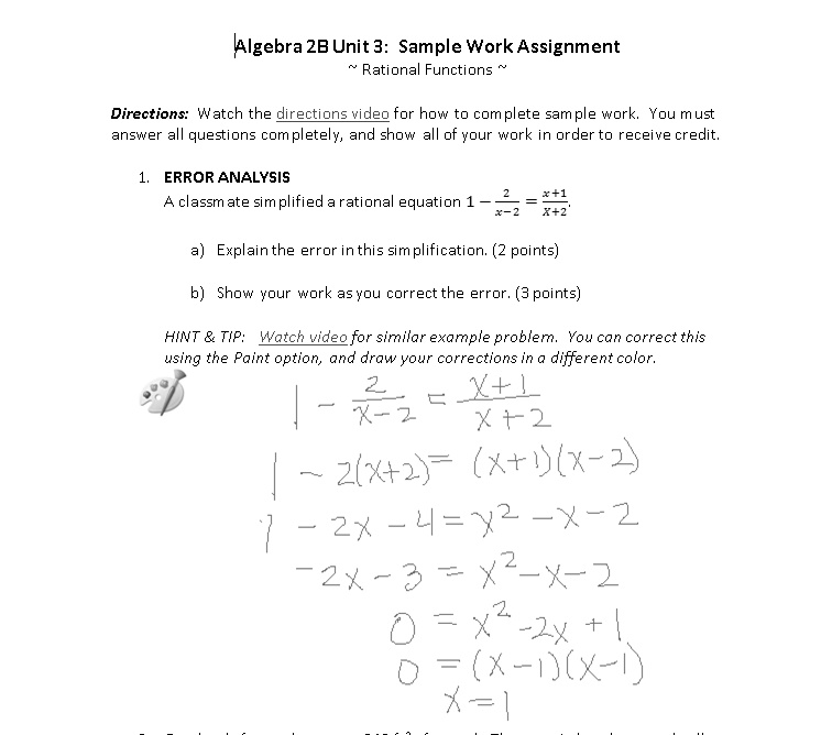 algebra 2b unit 3 sample work assignment rational functions directions ...