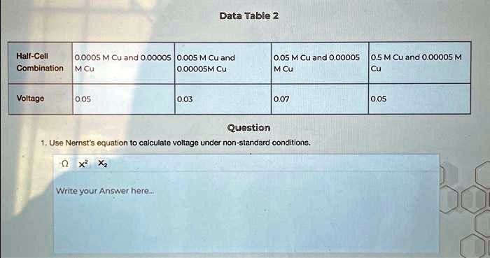 Data Table 2
Half-Cell Combination | 0.0005 M Cu and 0.00005 M Cu | 0.005 M Cu and 0.00005M Cu | 0.05 M Cu and 0.00005 M Cu | 0.5 M Cu and 0.00005 M Cu
Voltage | 0.05 | 0.03 | 0.07 | 0.05
Question
1. Use Nernst's equation to calculate voltage under non-standard conditions.