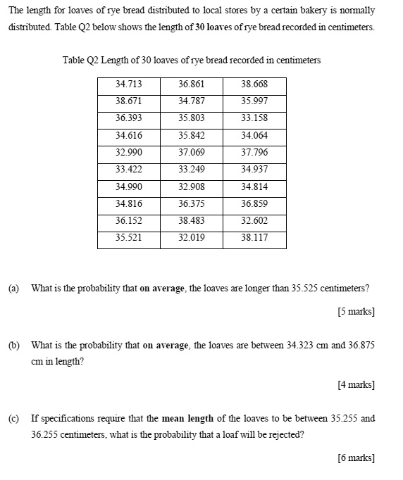 The length for loaves of rye bread distributed to local stores by a certain bakery is normally distributed. Table Q2 below shows the length of 30 loaves of rye bread recorded in centimeters.
Table Q2 Length of 30 loaves of rye bread recorded in centimeters
34.713 36.861 38.668
38.671 34.787 35.997
36.393 35.803 33.158
34.616 35.842 34.064
32.990 37.069 37.796
33.422 33.249 34.937
34.990 32.908 34.814
34.816 36.375 36.859
36.152 38.483 32.602
35.521 32.019 38.117
(a) What is the probability that on average, the loaves are longer than 35.525 centimeters?
[5 marks]
(b) What is the probability that on average, the loaves are between 34.323 cm and 36.875 cm in length?
[4 marks]
(c) If specifications require that the mean length of the loaves to be between 35.255 and 36.255 centimeters, what is the probability that a loaf will be rejected?
[6 marks]